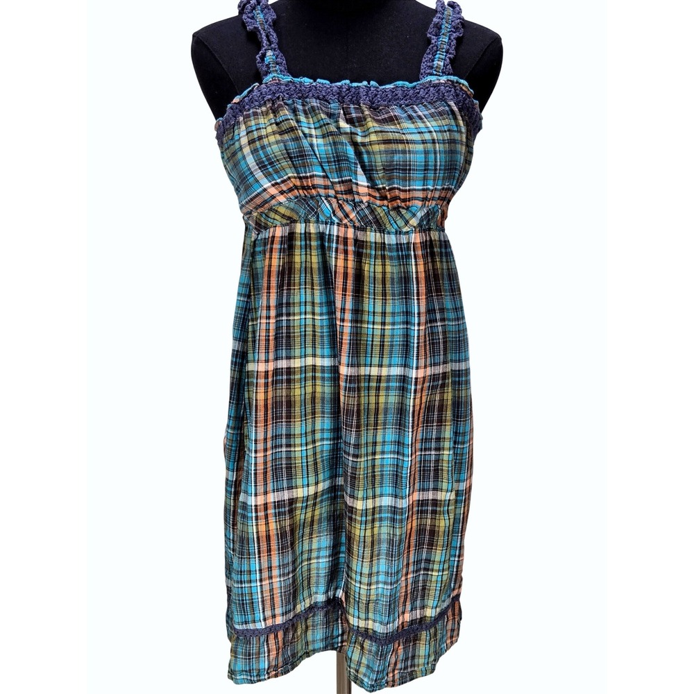 Women's Y2K Tramp Medium Plaid Smocked Cotton Sundress Ruffle Boho Festival